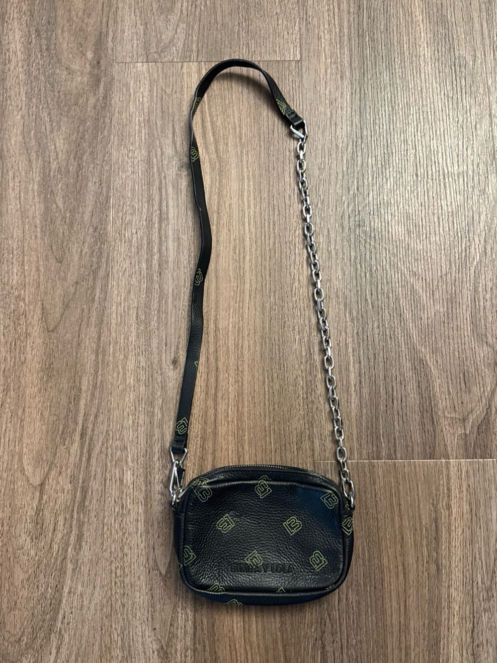 Bimba y Lola Black Logo-Print Crossbody Bag with Chain Strap